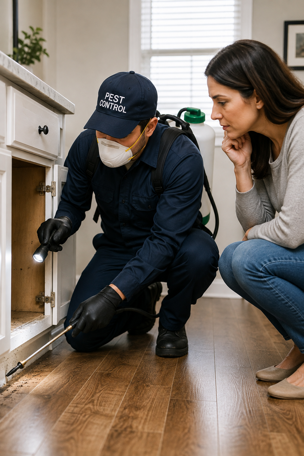 Professional pest control technician performing a pest inspection