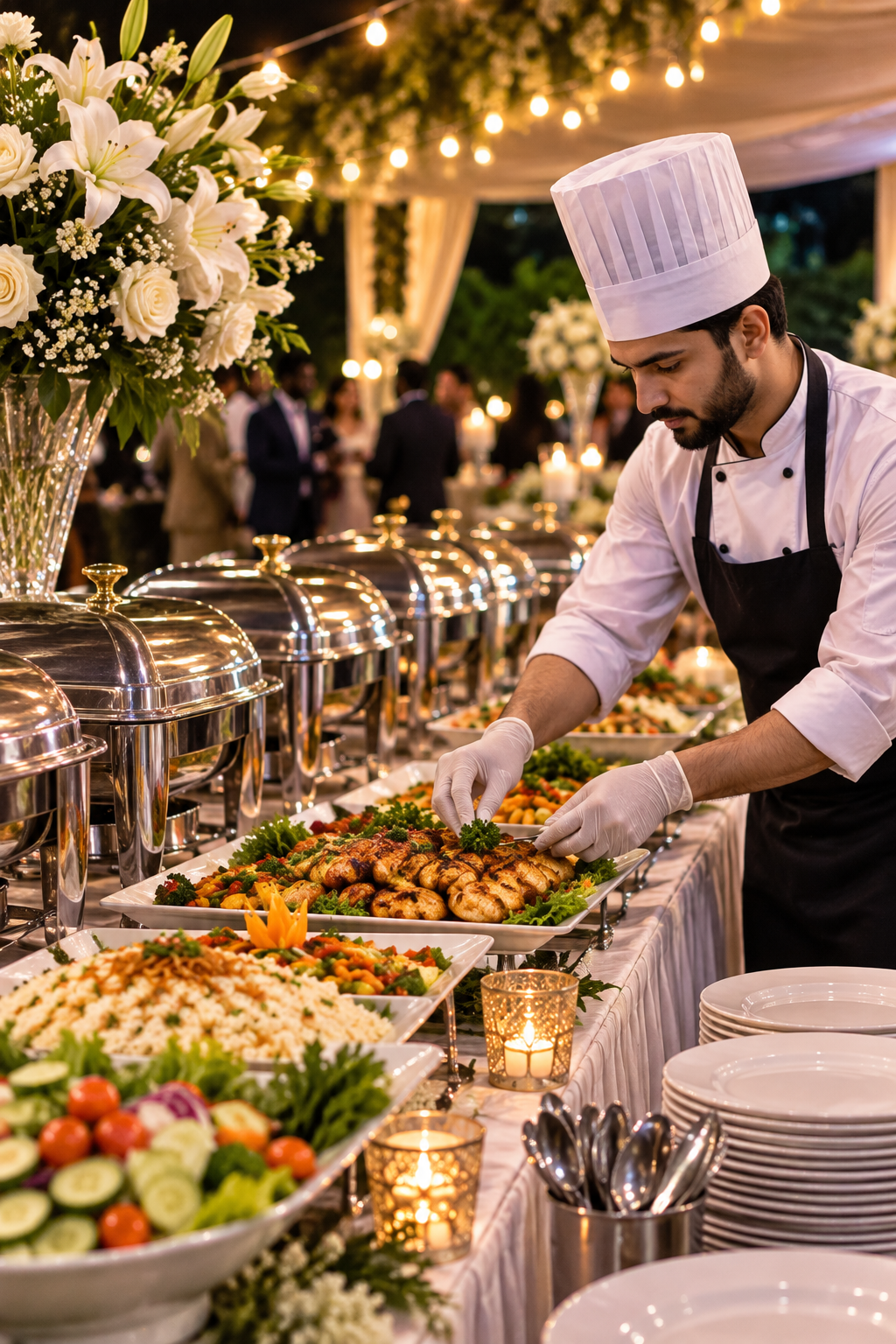 Professional caterer preparing an elegant event buffet